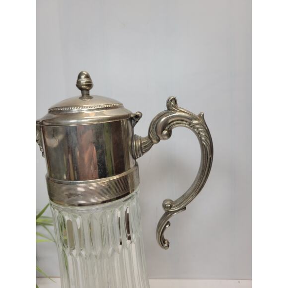 Vintage Glass Ribbed Carafe Pitcher, Silver Plated Cover & Ice Wand - Picture 4 of 5